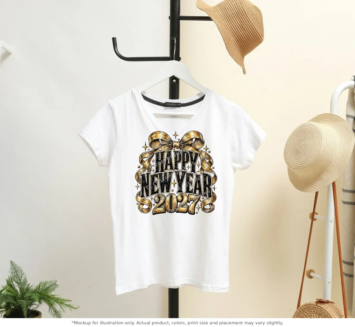 White tee mockup, on a hanger in a styled room