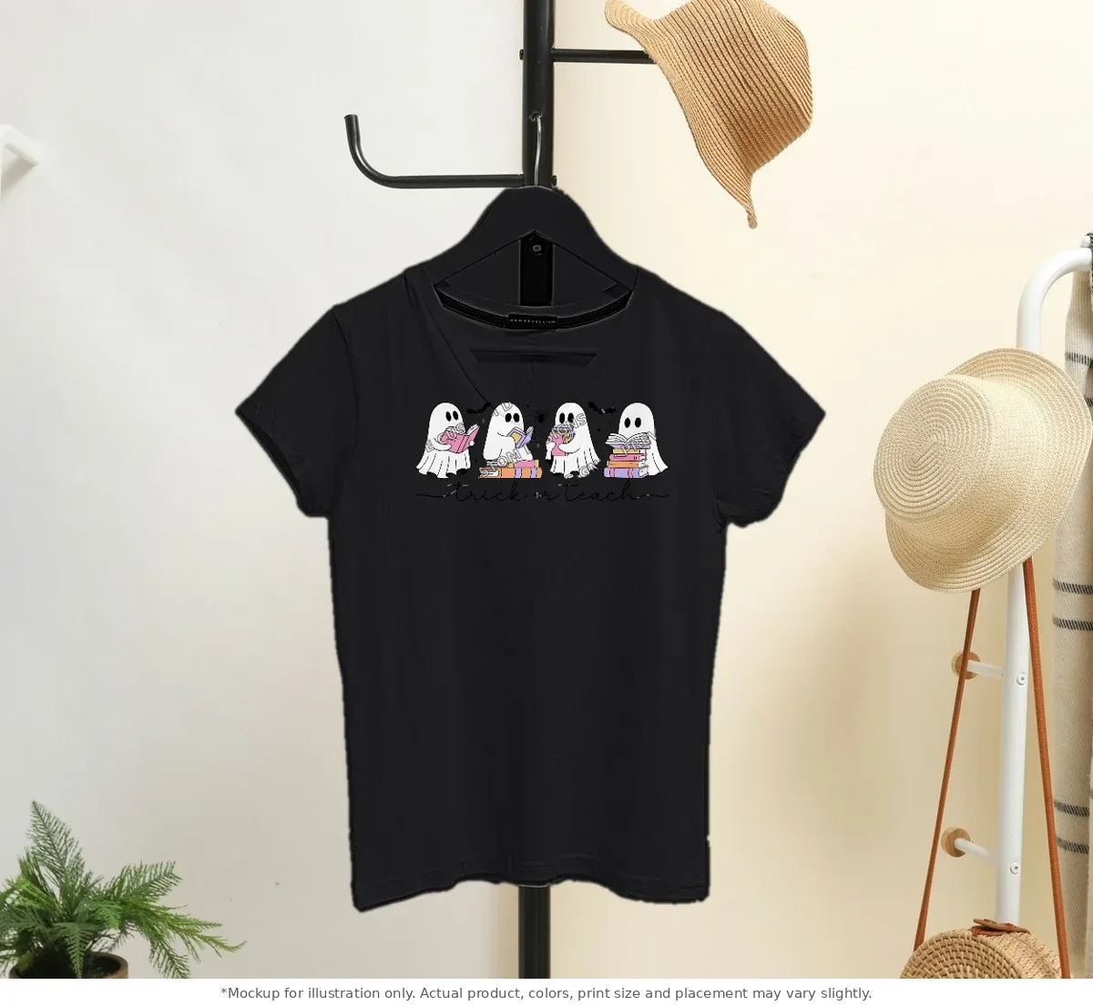 Black tee mockup, on a hanger in a styled room