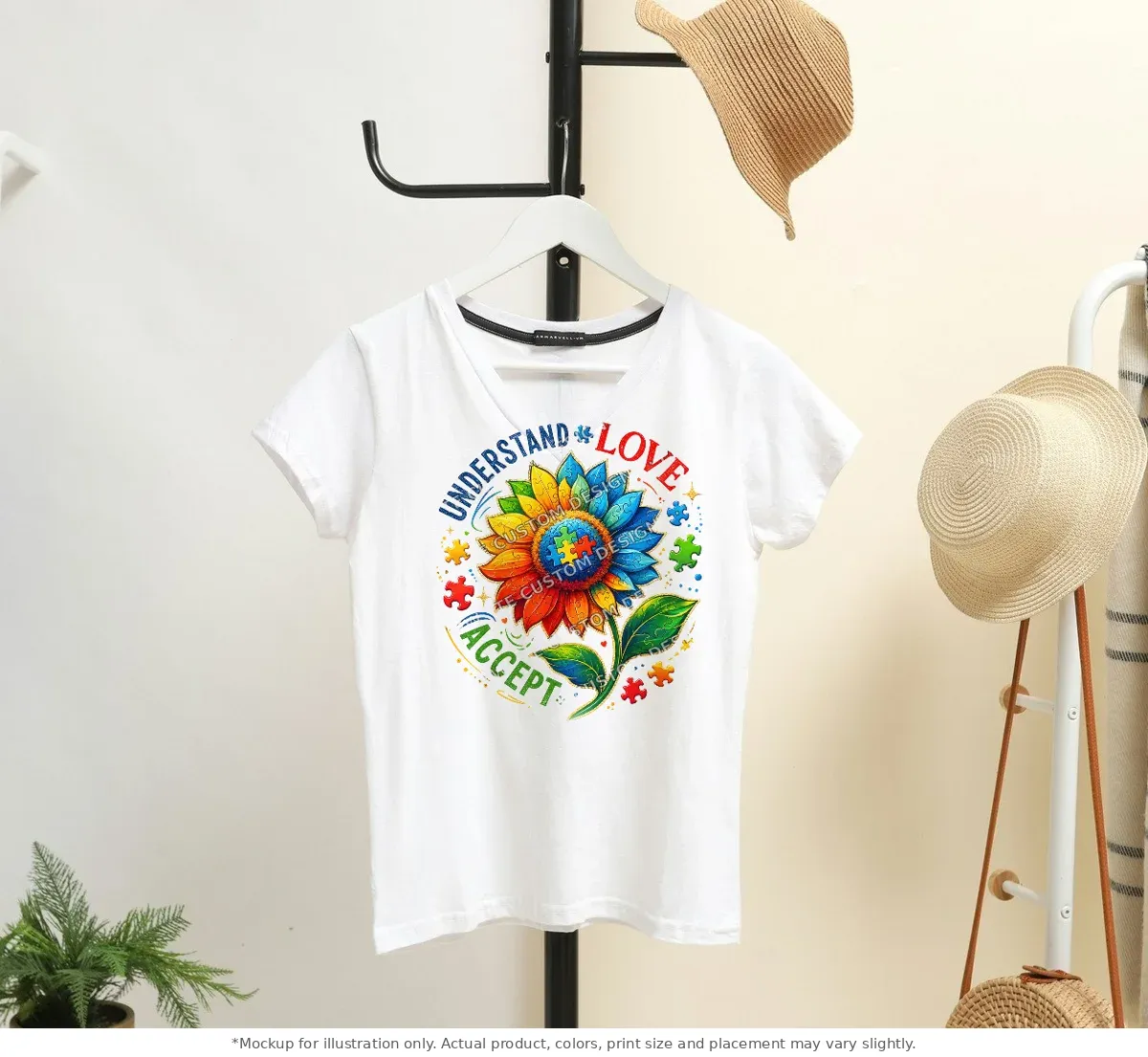 White tee mockup, on a hanger in a styled room