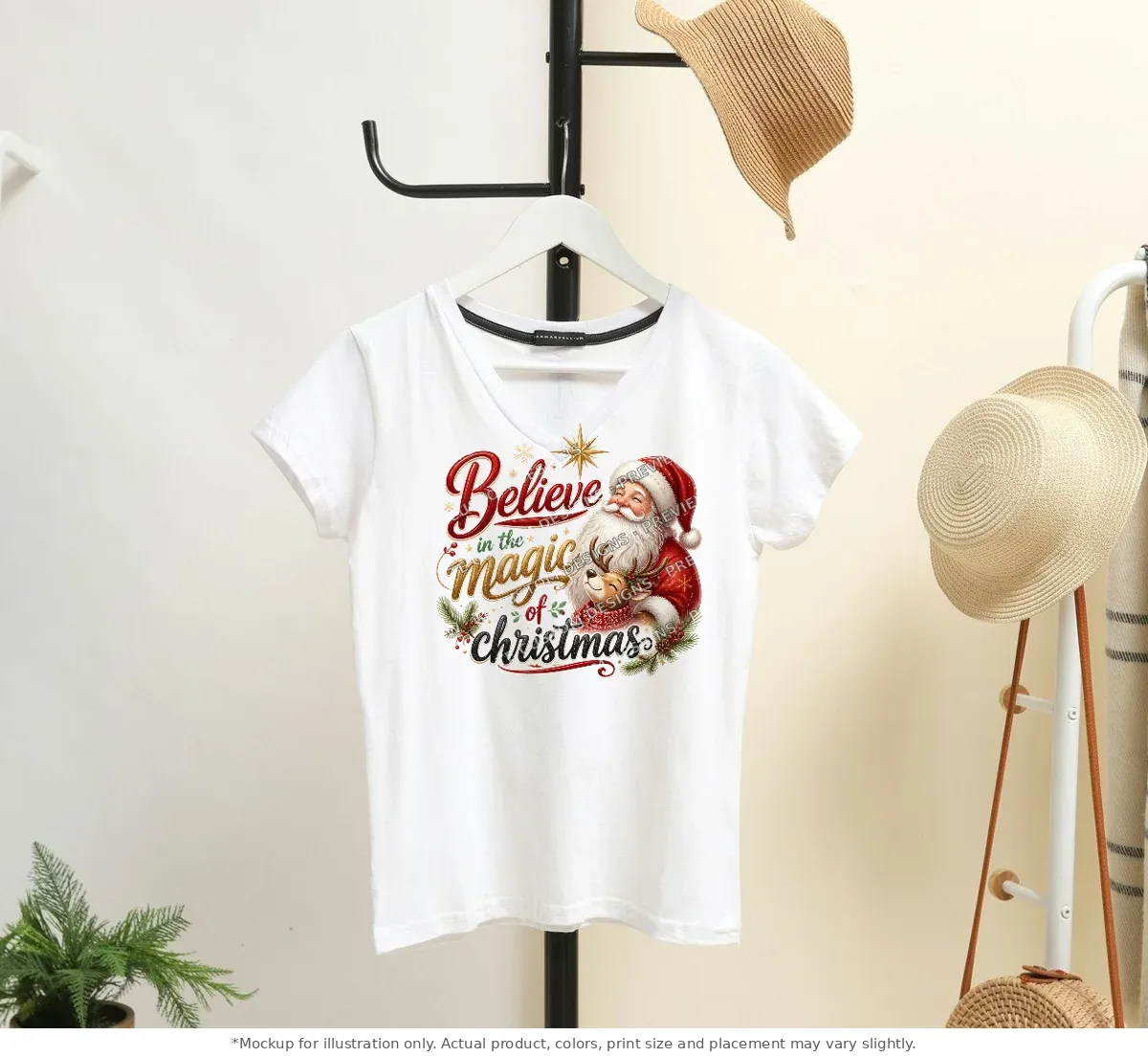 White tee mockup, on a hanger in a styled room