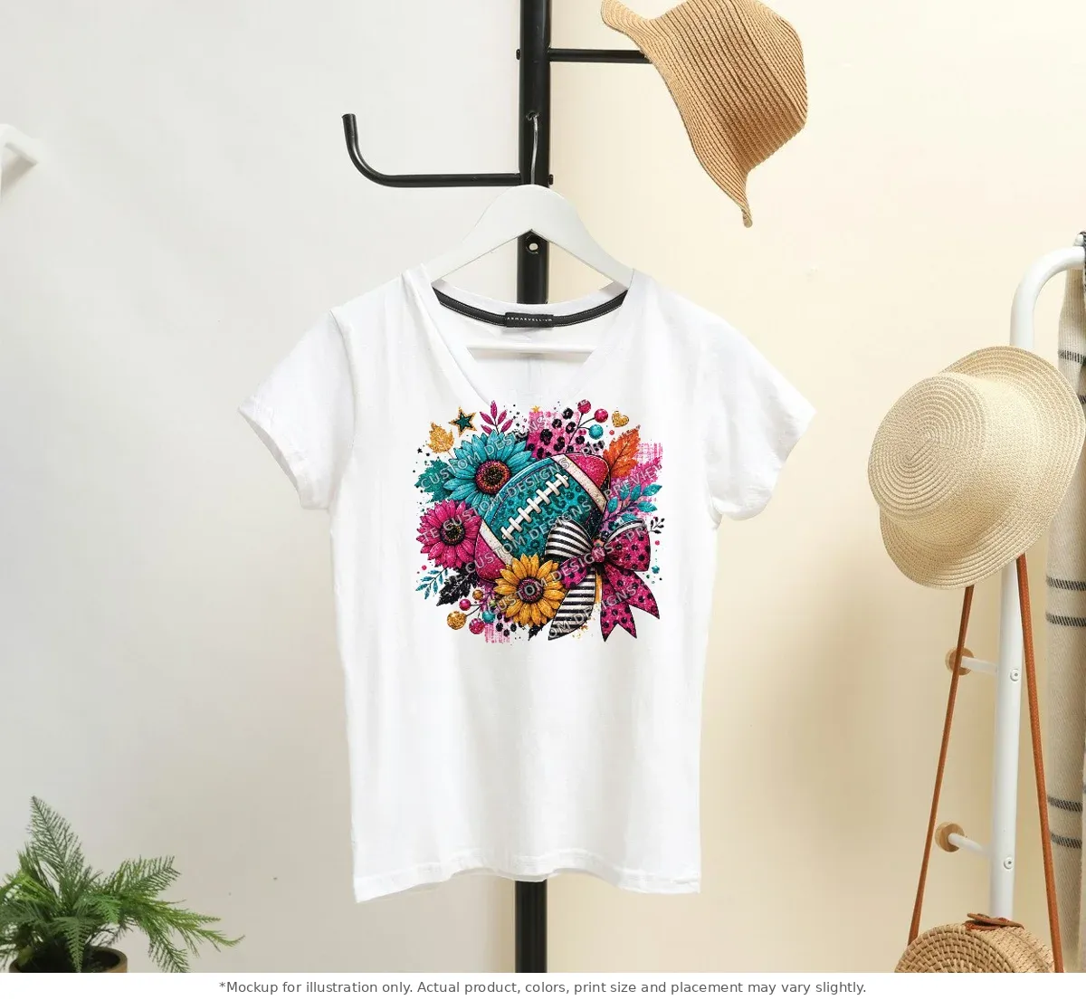 White tee mockup, on a hanger in a styled room