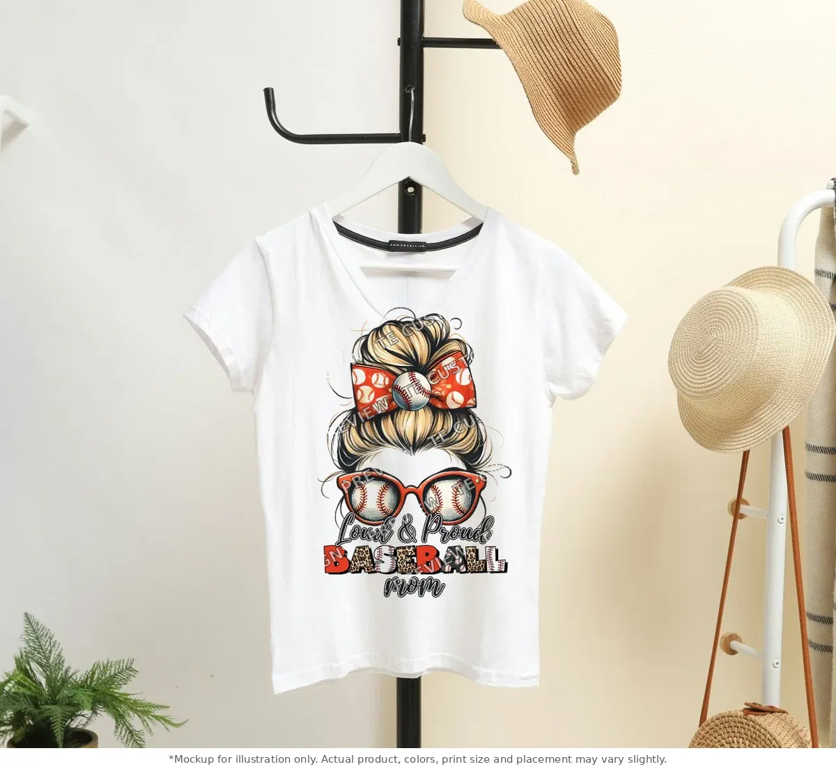 White tee mockup, on a hanger in a styled room