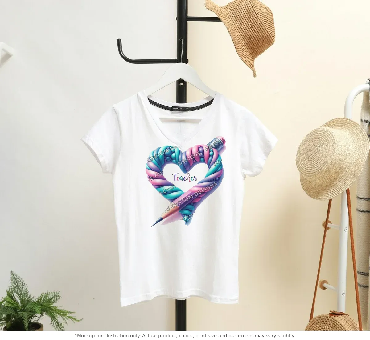 White tee mockup, on a hanger in a styled room