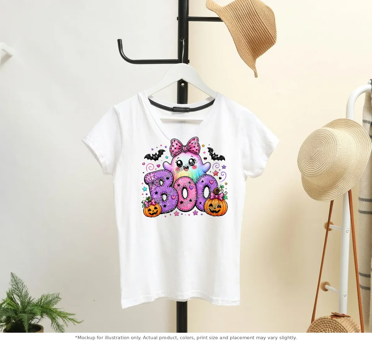 White tee mockup, on a hanger in a styled room