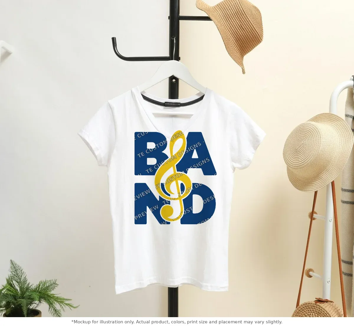 White tee mockup, on a hanger in a styled room