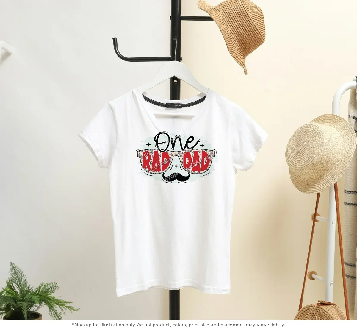 White tee mockup, on a hanger in a styled room