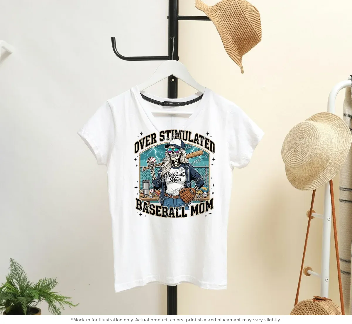 White tee mockup, on a hanger in a styled room