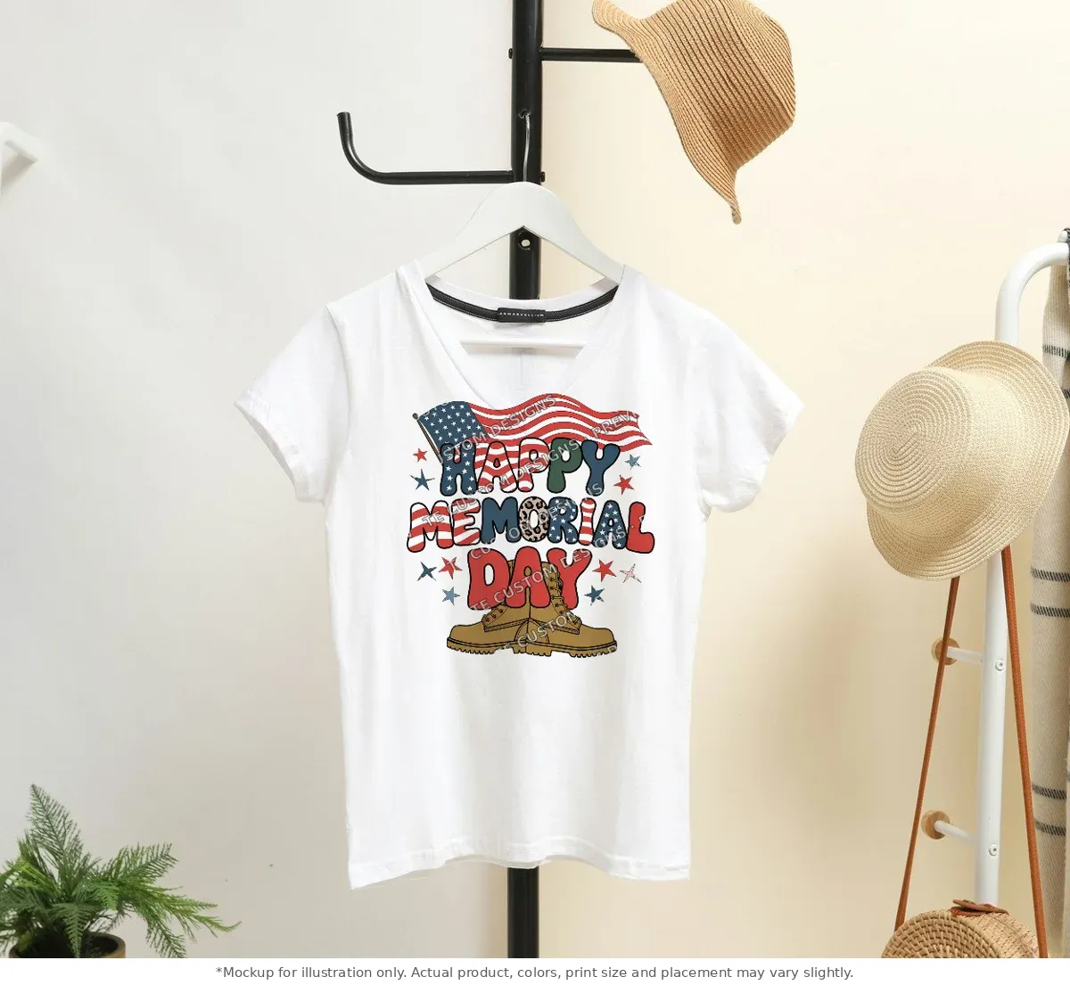 White tee mockup, on a hanger in a styled room