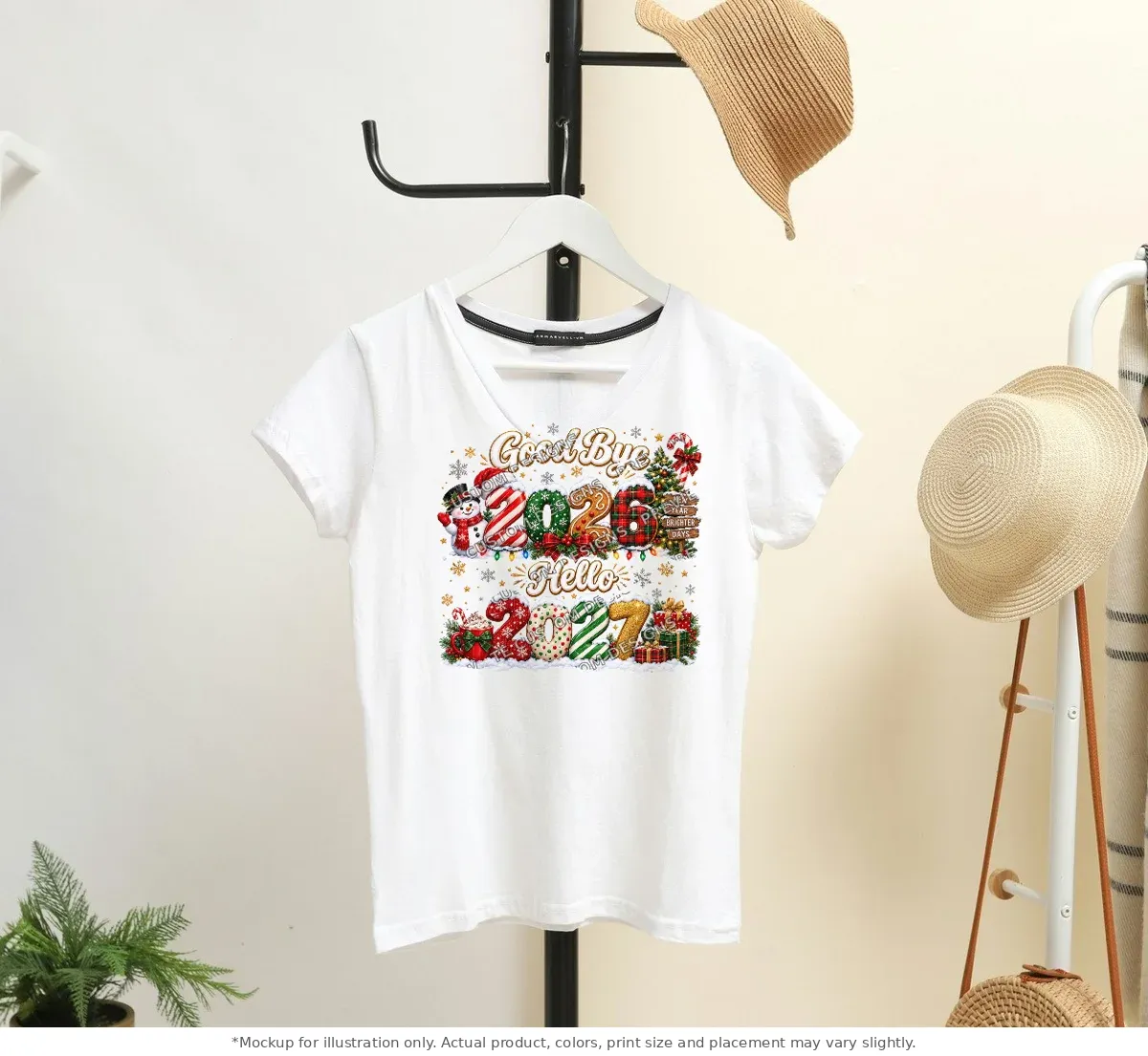 White tee mockup, on a hanger in a styled room