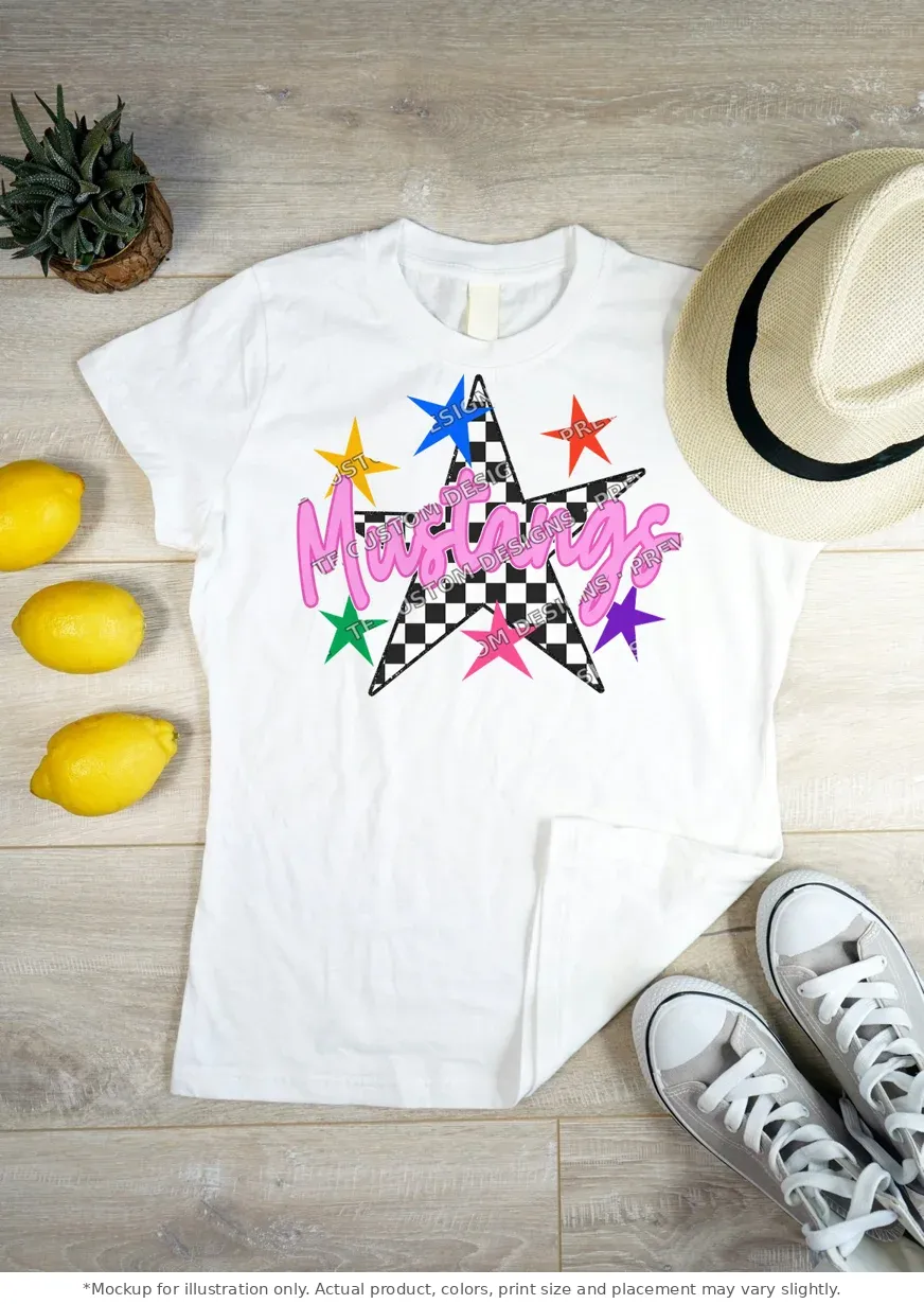White tee mockup, flat lay on wood