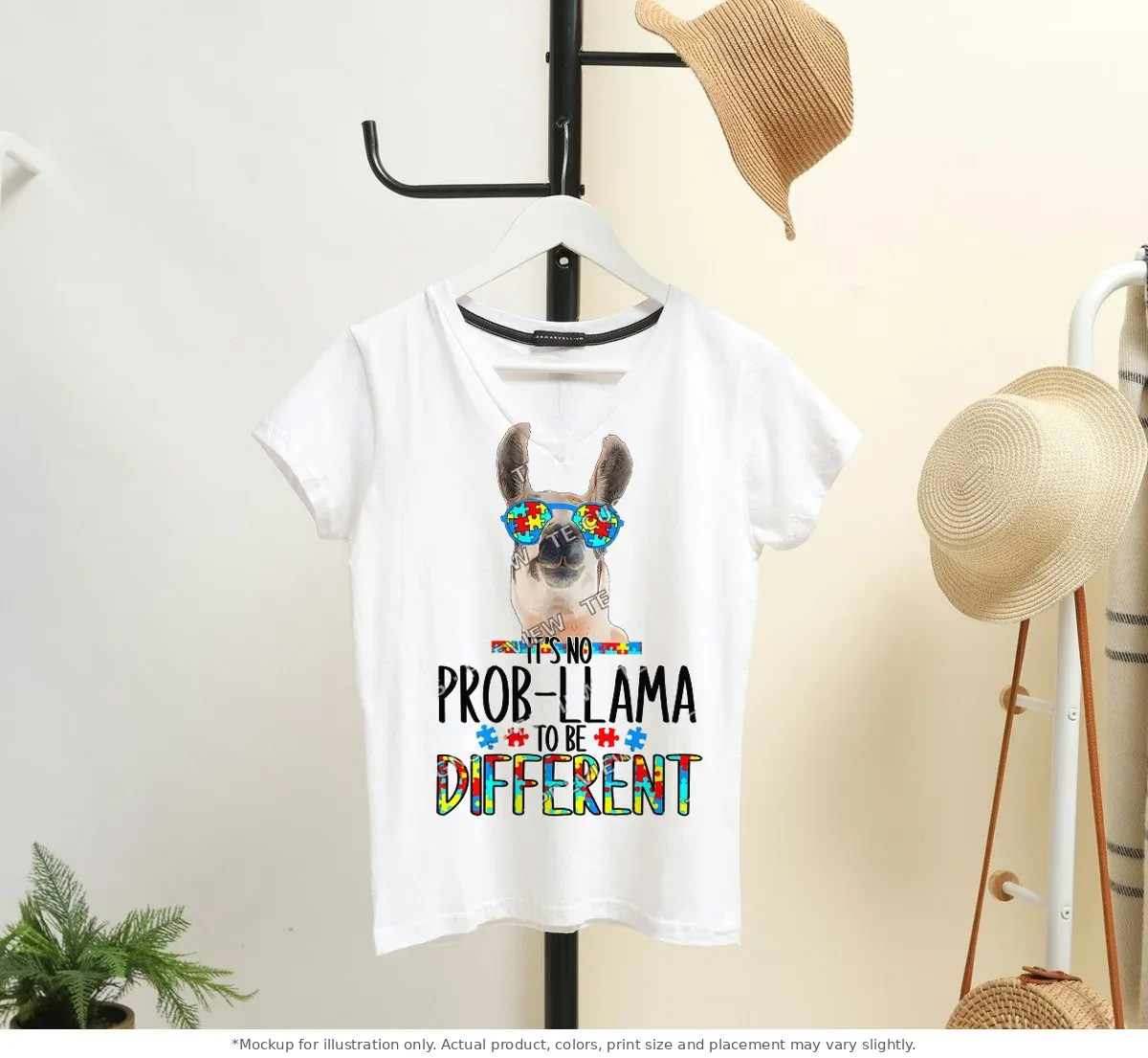 White tee mockup, on a hanger in a styled room