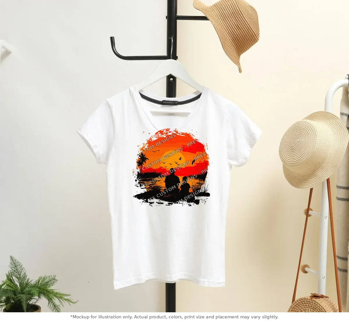 White tee mockup, on a hanger in a styled room