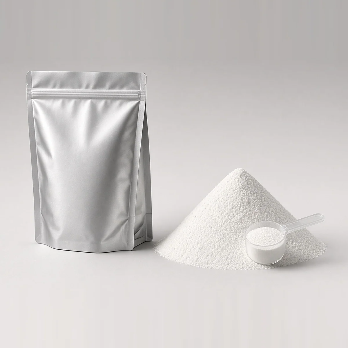 Fine white DTF hot-melt adhesive powder with silver resealable pouch and scoop